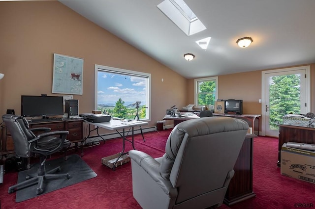 carpeted office space featuring a baseboard radiator and vaulted ceiling with skylight