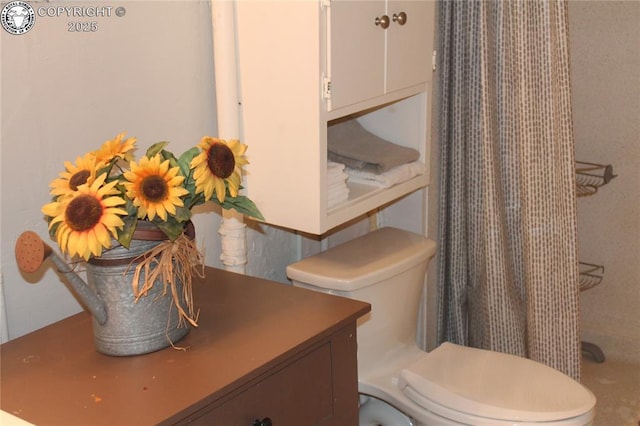 full bathroom with curtained shower, vanity, and toilet