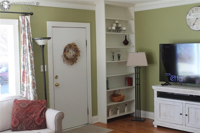 interior space featuring dark wood-style floors and crown molding