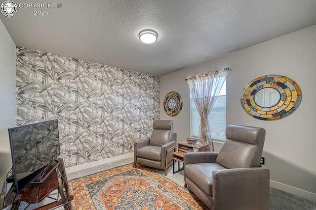 336 Arrowhead Dr, Florence, CO 81226 - sitting room with baseboards, wallpapered walls, an accent wall, a textured ceiling, and carpet floors