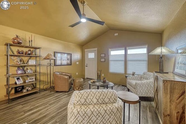 336 Arrowhead Dr, Florence, CO 81226 - living room featuring wood finished floors, ceiling fan, lofted ceiling, and a textured ceiling