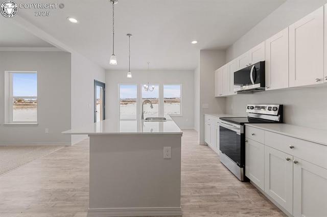 kitchen with stainless steel appliances, an island with sink, plenty of natural light, and a sink