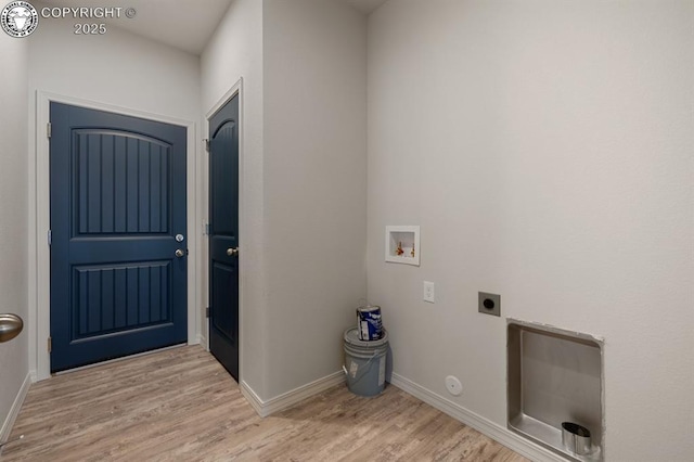 washroom with light wood finished floors, laundry area, baseboards, hookup for an electric dryer, and washer hookup