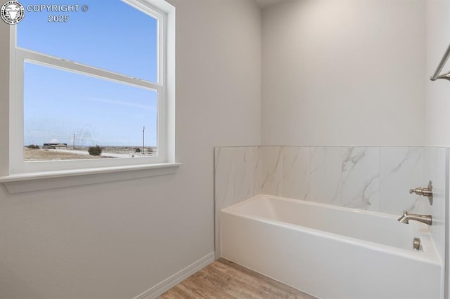 bathroom featuring wood finished floors, baseboards, and a bath