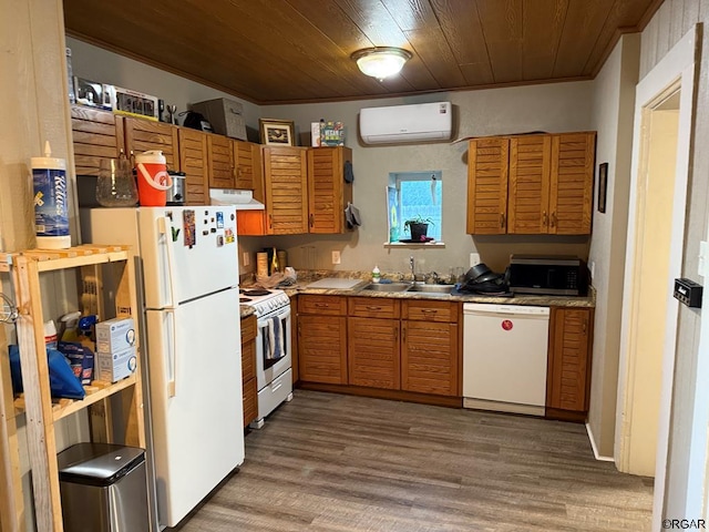 kitchen with sink, wood ceiling, a wall mounted AC, dark hardwood / wood-style floors, and white appliances