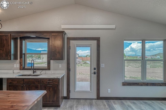 306 Fox Run E, Silver Cliff, CO 81252 - kitchen featuring vaulted ceiling, light wood finished floors, plenty of natural light, dark brown cabinets, and a textured wall