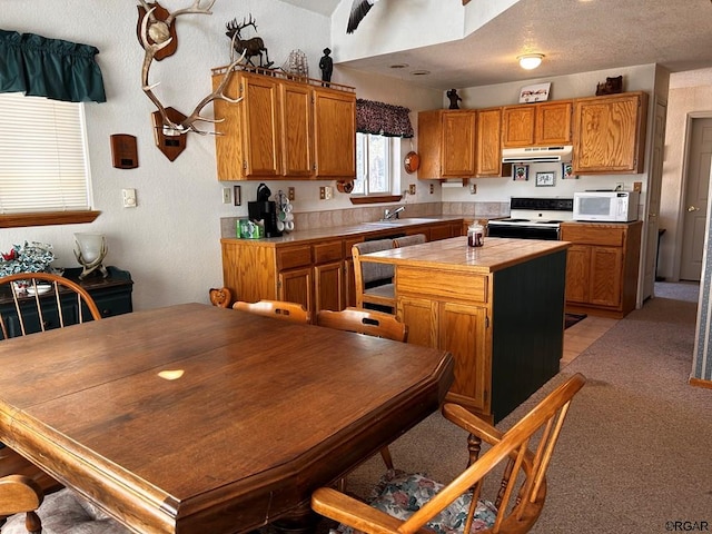 kitchen with sink, a center island, a textured ceiling, electric range, and light colored carpet