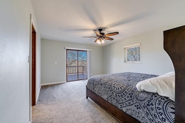 carpeted bedroom with access to exterior and ceiling fan