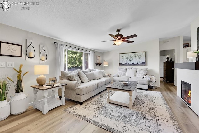 1431 Pine St, Canon City, CO 81212 - living room with light wood-style floors, ceiling fan, and a glass covered fireplace