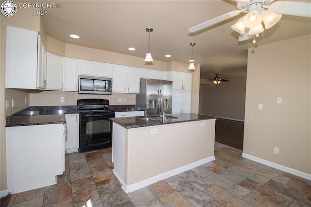 7465 Sun Prairie Dr, Colorado Springs, CO 80925 - kitchen featuring appliances with stainless steel finishes, stone tile flooring, ceiling fan, white cabinetry, and recessed lighting
