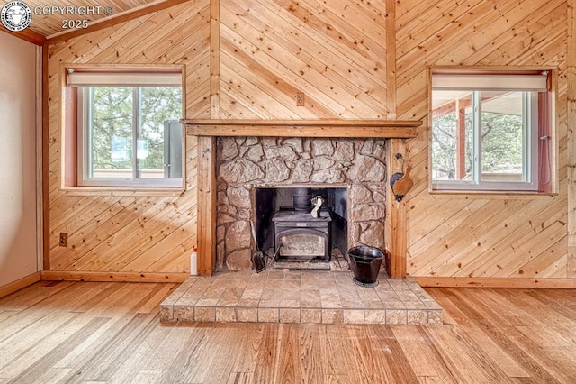 421 Bull Domingo Ln, Westcliffe, CO 81252 - detailed view of wood walls, a wood stove, and wood finished floors