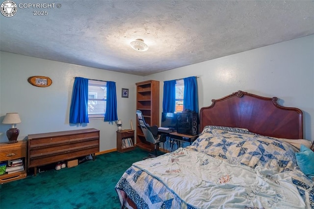 bedroom featuring carpet floors, a textured ceiling, and baseboards