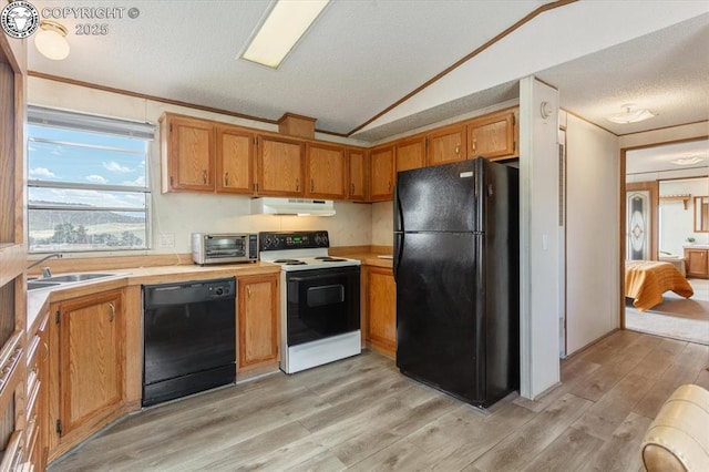 2275 K Path, Cotopaxi, CO 81223 - kitchen with black appliances, under cabinet range hood, vaulted ceiling, light countertops, and light wood-style flooring