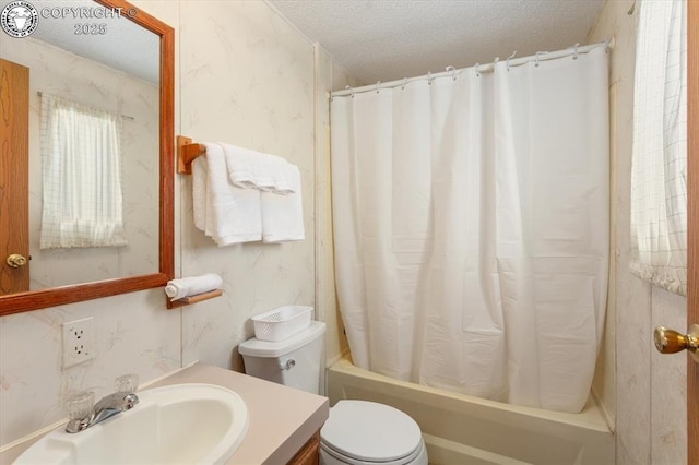 2275 K Path, Cotopaxi, CO 81223 - full bath with a textured ceiling, vanity, toilet, shower / bath combination with curtain, and wallpapered walls