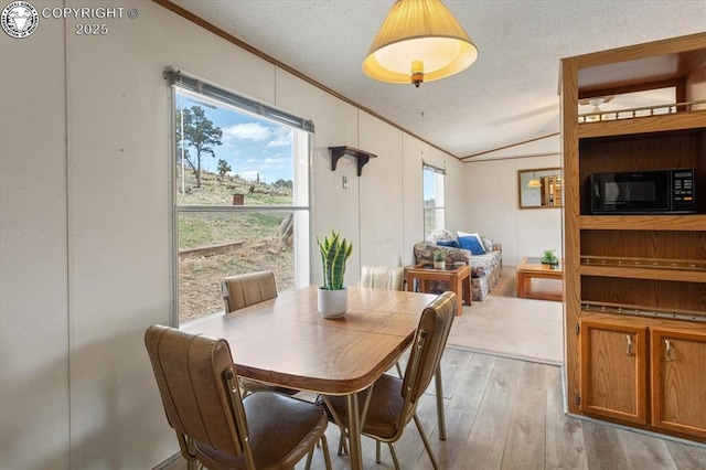 2275 K Path, Cotopaxi, CO 81223 - dining room with ornamental molding, lofted ceiling, light wood-style floors, plenty of natural light, and a textured ceiling