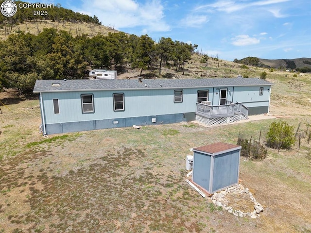 2275 K Path, Cotopaxi, CO 81223 - rear view of house featuring a deck with mountain view, a shingled roof, and crawl space