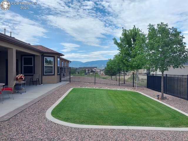 view of yard featuring a mountain view and a patio area