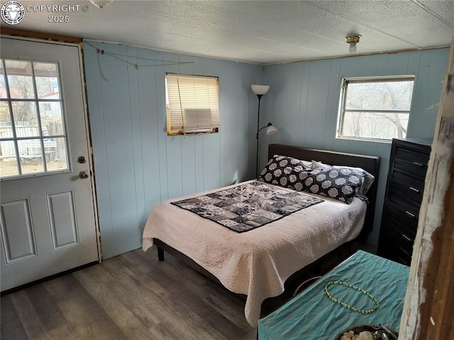 bedroom featuring dark wood-type flooring, multiple windows, and a textured ceiling