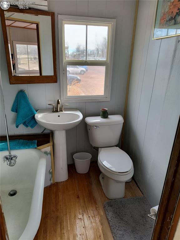 bathroom with hardwood / wood-style floors, a bathtub, sink, and toilet