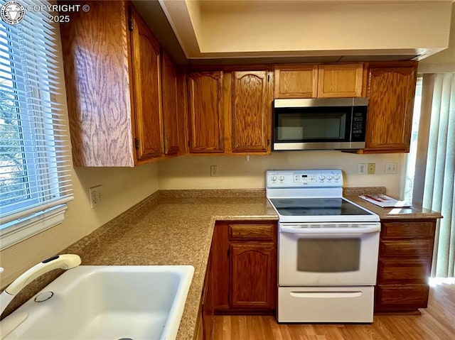 kitchen featuring sink, electric range, and light hardwood / wood-style floors