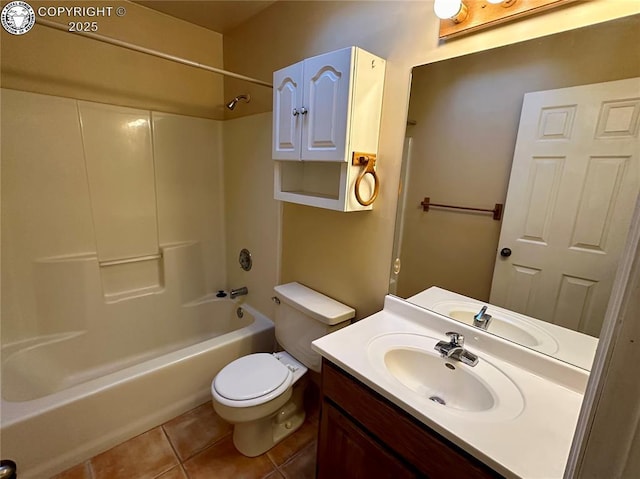 full bathroom with shower / bathtub combination, vanity, toilet, and tile patterned flooring