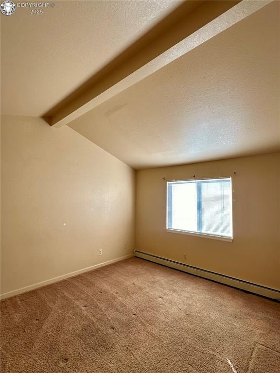 carpeted spare room with vaulted ceiling with beams, a textured ceiling, and a baseboard heating unit