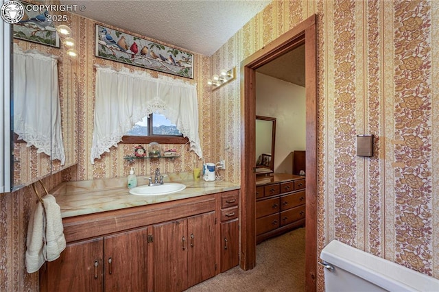 bathroom featuring vanity, a textured ceiling, and toilet