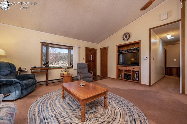 living room featuring a baseboard radiator, vaulted ceiling, light colored carpet, and built in shelves