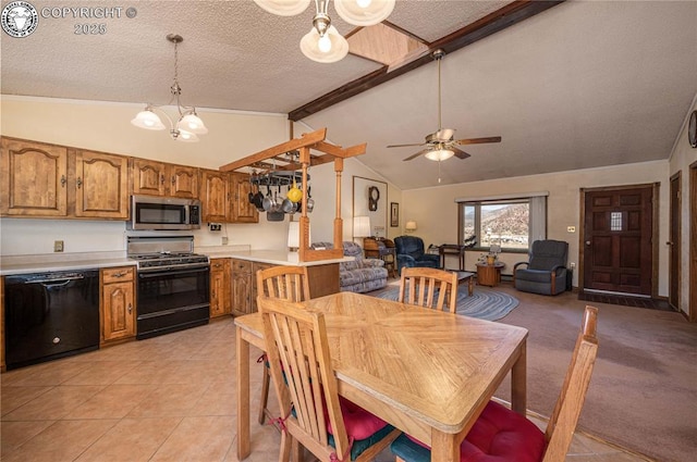 dining area with ceiling fan with notable chandelier, vaulted ceiling with beams, light tile patterned floors, and a textured ceiling