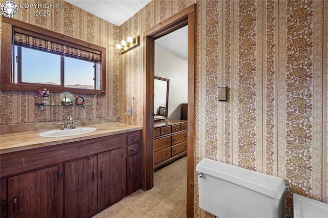 bathroom with vanity, toilet, and a textured ceiling