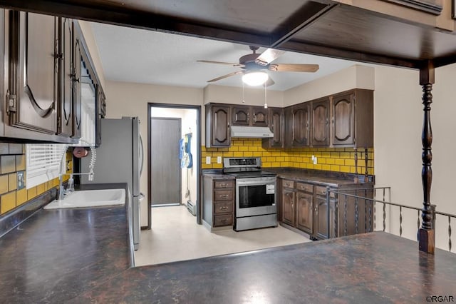 kitchen with electric stove, tasteful backsplash, dark brown cabinetry, and ceiling fan