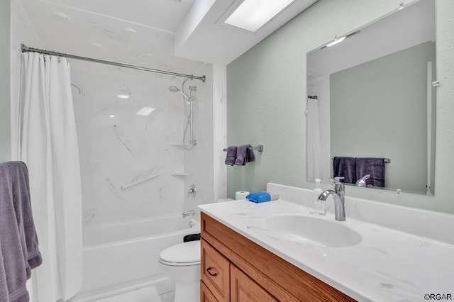 full bathroom with vanity, toilet, and shower / bathtub combination with curtain