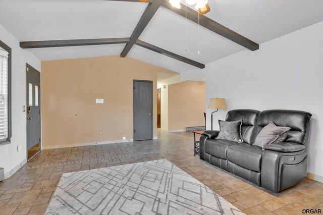 living room featuring lofted ceiling with beams, ceiling fan, and baseboard heating