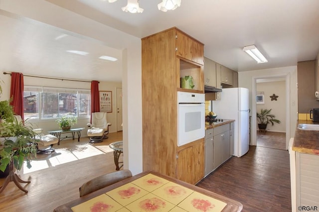 kitchen with white appliances, dark hardwood / wood-style floors, and a chandelier