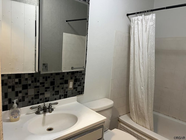 full bathroom with vanity, toilet, shower / tub combo, and decorative backsplash