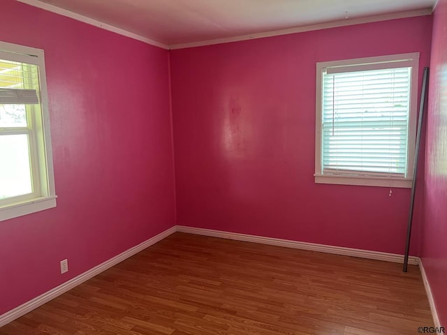 spare room with hardwood / wood-style floors and ornamental molding