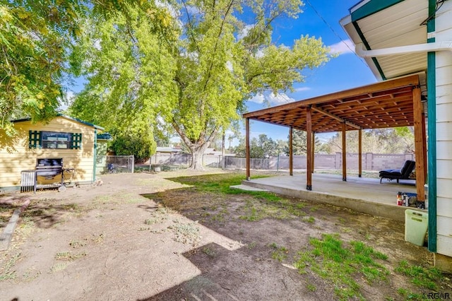 view of yard featuring an outbuilding and a patio area