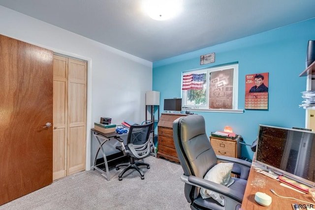 home office featuring light colored carpet