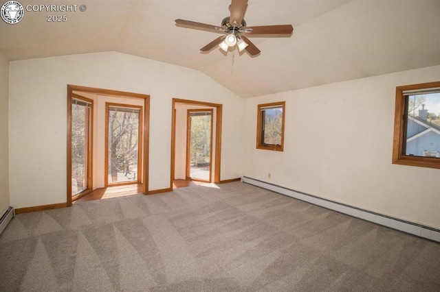 2324 W Willamette Ave, Colorado Springs, CO 80904 - empty room featuring a ceiling fan, baseboards, a baseboard radiator, lofted ceiling, and carpet