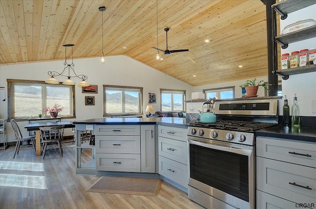 kitchen with wood ceiling, gas stove, light hardwood / wood-style flooring, and pendant lighting