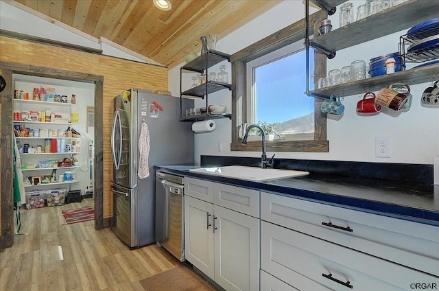 kitchen with white cabinetry, lofted ceiling, sink, stainless steel dishwasher, and wood ceiling