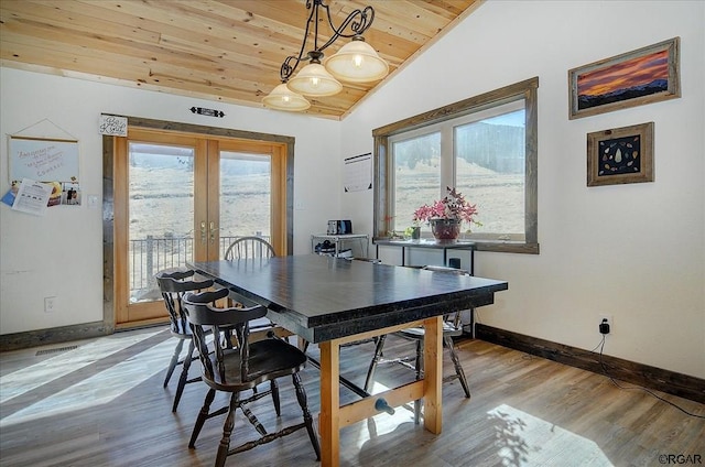 dining area featuring lofted ceiling, light hardwood / wood-style flooring, wooden ceiling, and french doors