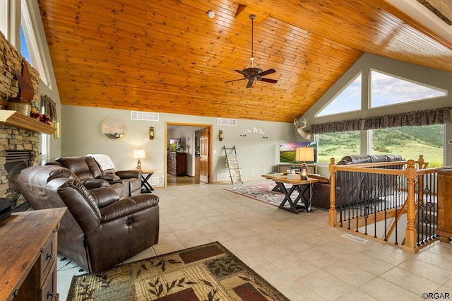 tiled living room with wood ceiling, a fireplace, high vaulted ceiling, and ceiling fan