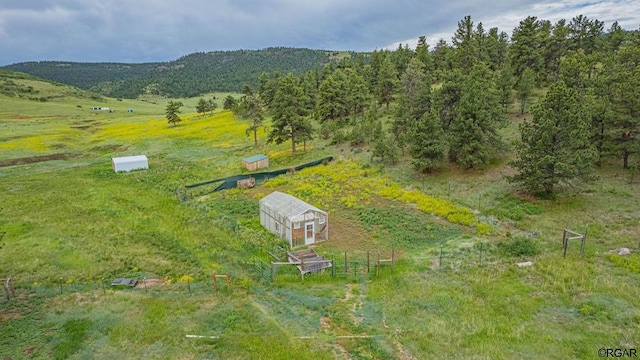 bird's eye view featuring a rural view and a mountain view