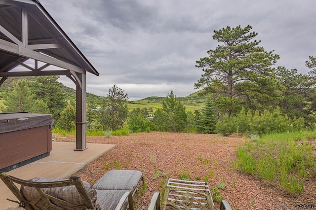 view of yard featuring a patio area and a hot tub