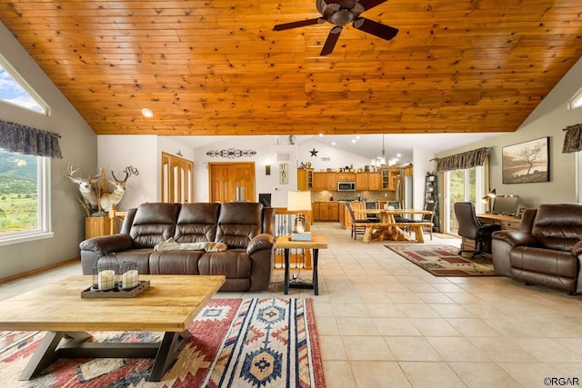 tiled living room featuring wood ceiling, ceiling fan with notable chandelier, and high vaulted ceiling