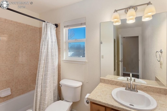 full bathroom featuring vanity, toilet, and shower / bath combo with shower curtain