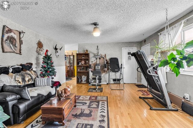 exercise room with hardwood / wood-style flooring and a textured ceiling