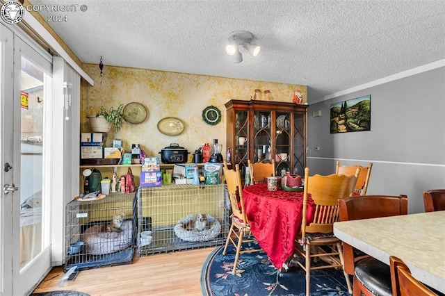 dining space with hardwood / wood-style floors and a textured ceiling