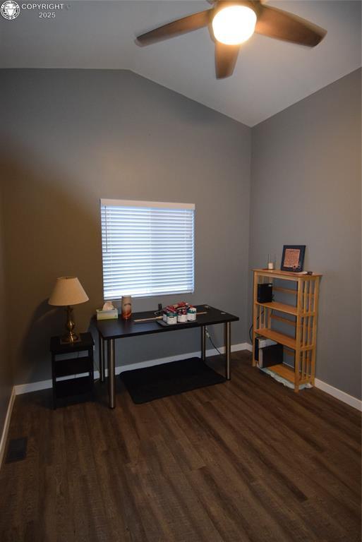 misc room featuring ceiling fan, lofted ceiling, and dark hardwood / wood-style flooring